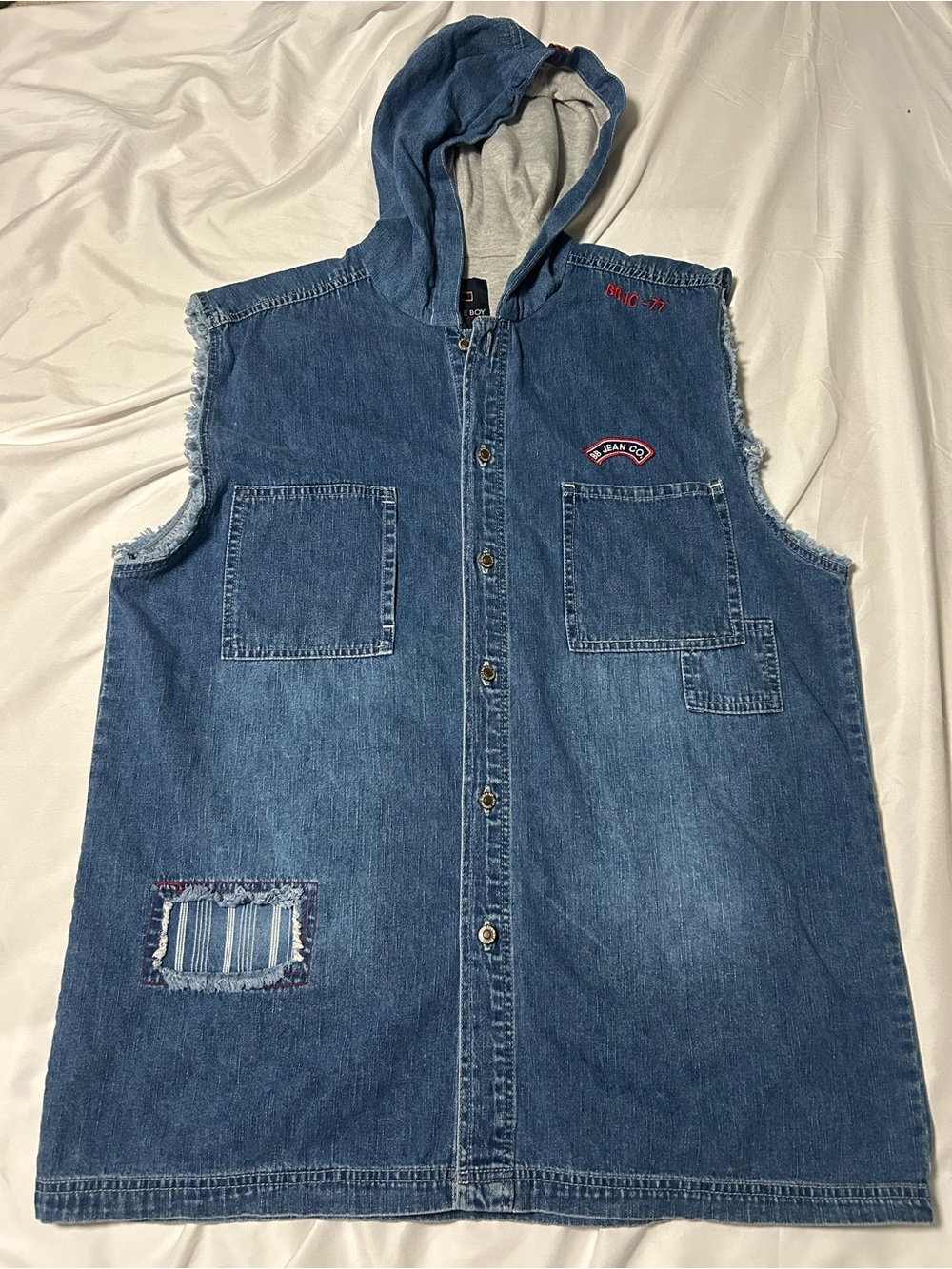 BUGLE BOY Vest L Denim Sleeveless Shirt Hooded Distressed Patchwork VTG Y2K